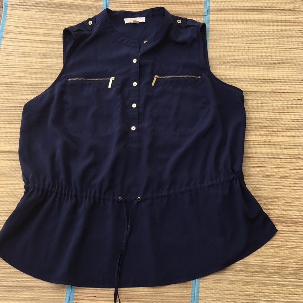 Michael Michael Kors Navy Blue Sleeveless Tunic Side Splits Goldtone 3/4 Button